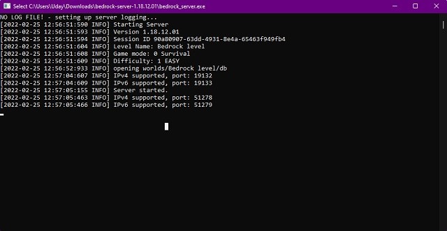 Máy chủ Bedrock trong command prompt