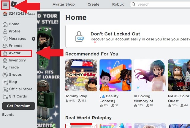 Menu bên trên Trang web Roblox