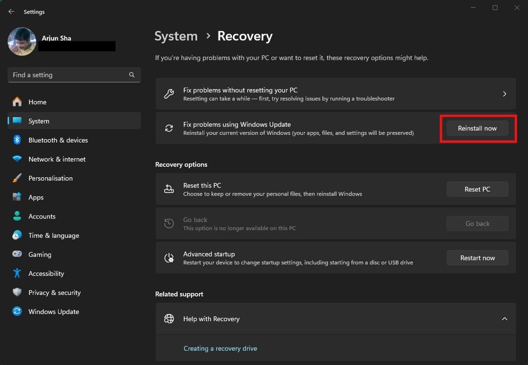 Menu phục hồi trong cài đặt Windows 11