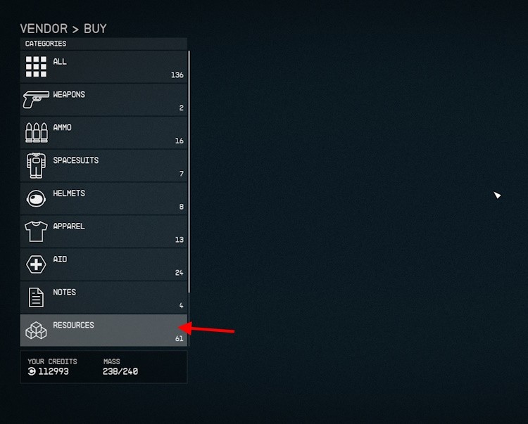 Menu Resources trong Starfield