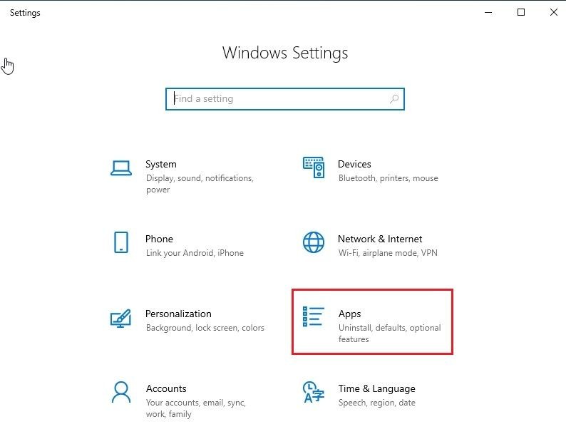 Mở Apps trong Windows 10 Settings