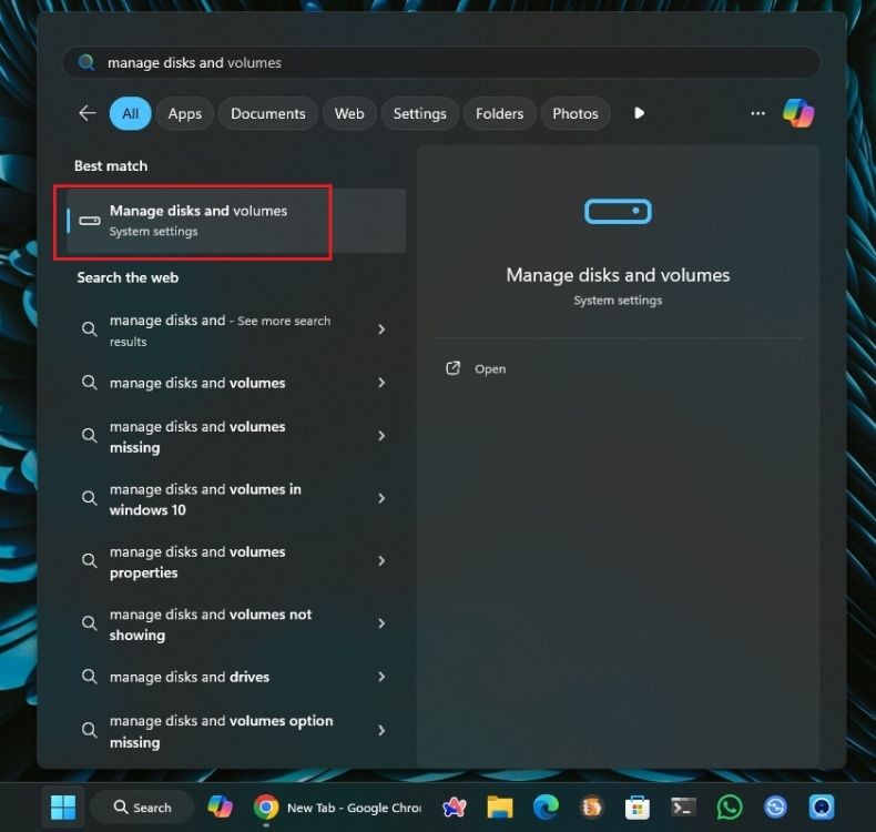 Mở cài đặt ổ đĩa trong Windows 11
