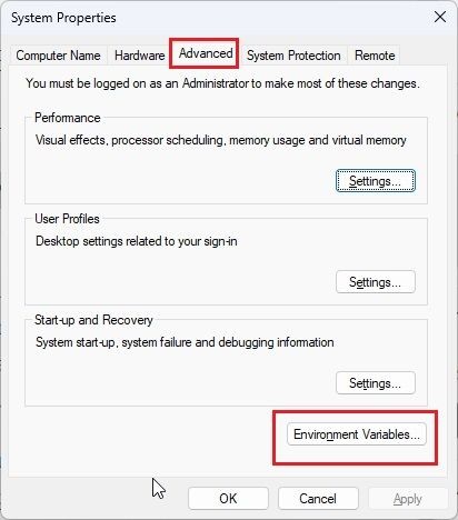Mở Environment Variables