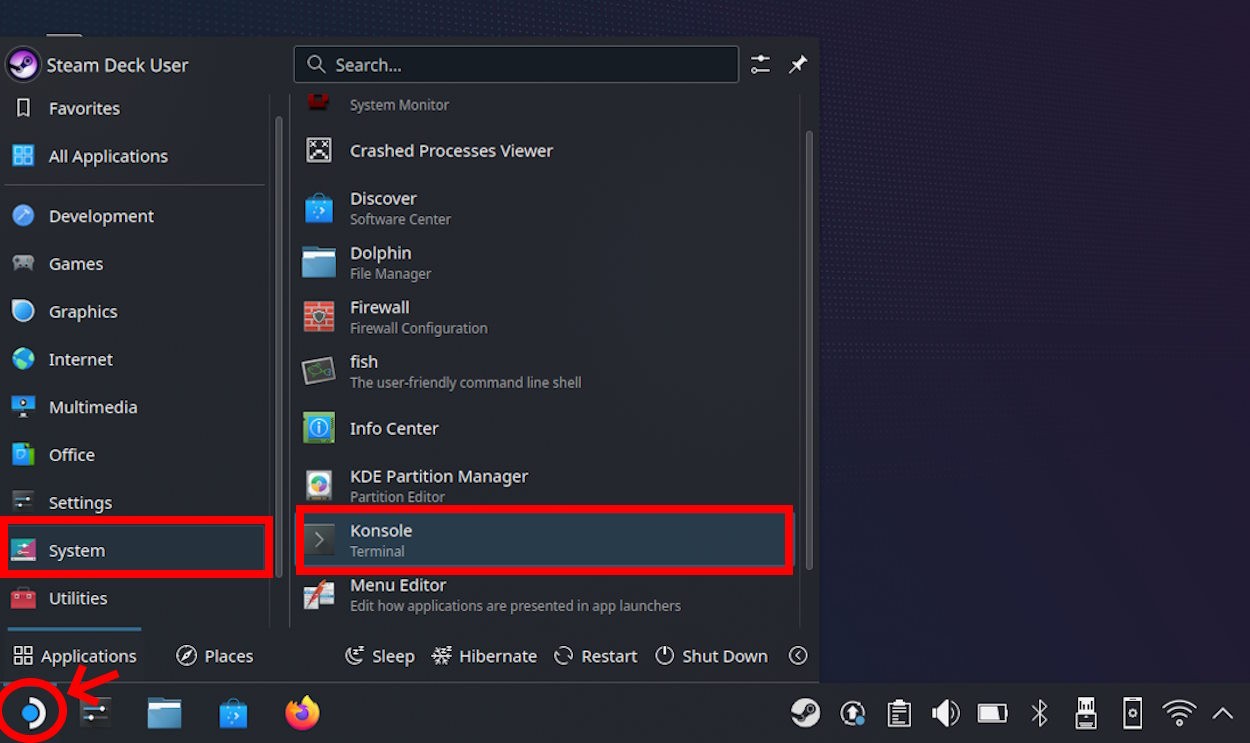 Mở Konsole để bắt đầu quá trình sao chép SSD trong Steam Deck