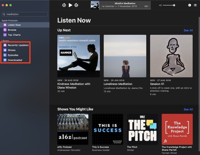 Mở Thư viện trong ứng dụng Podcasts trên Mac