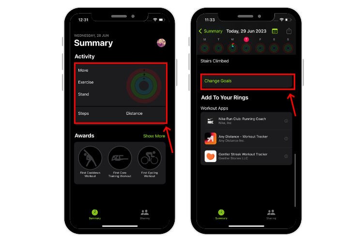 Mở ứng dụng Fitness trên iPhone và chọn tùy chọn Thay đổi Mục tiêu