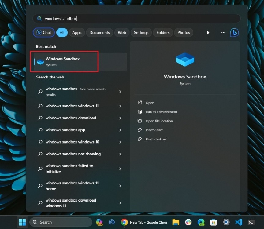 Mở Windows Sandbox từ Start menu