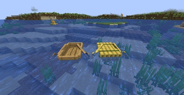 Một chiếc bè cạnh một chiếc thuyền trong Minecraft