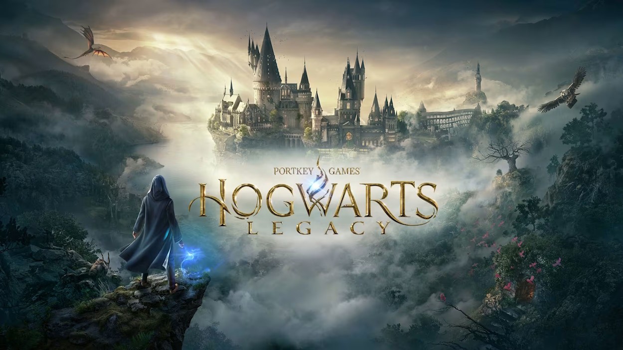 Một học sinh bay trên chổi trong Hogwarts Legacy