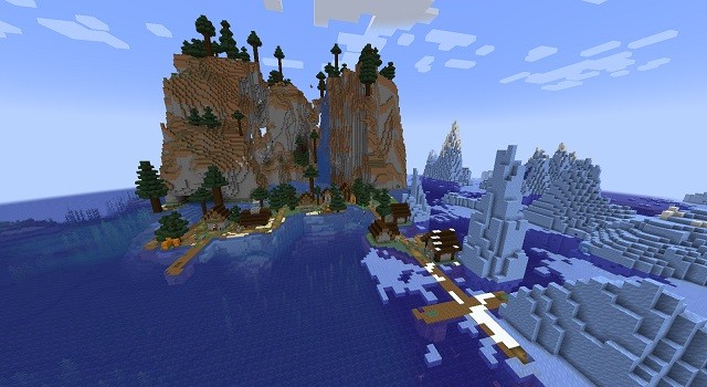 Ngôi làng spawn hư hỏng thẩm mỹ trong Minecraft 1.18.1, một ngôi làng trên đảo với một ngọn núi vỡ khổng lồ ở phía sau