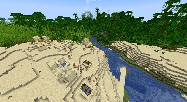 Ngôi nhà của các đền thờ trong Minecraft 1.18.1, một ngôi làng sa mạc được bao quanh bởi cả đền thờ rừng và đền thờ sa mạc
