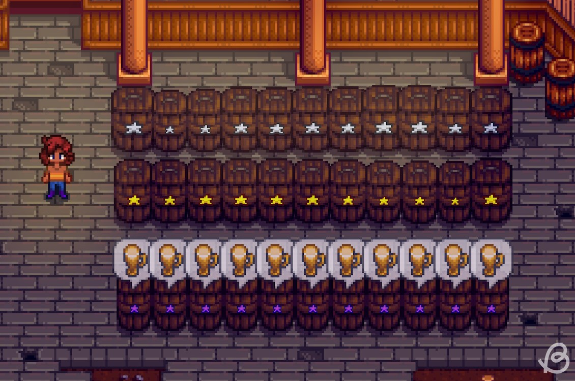 Người chơi đứng cạnh hàng thùng ủ với Pale Ale chất lượng bạc, vàng và iridium trong Stardew Valley