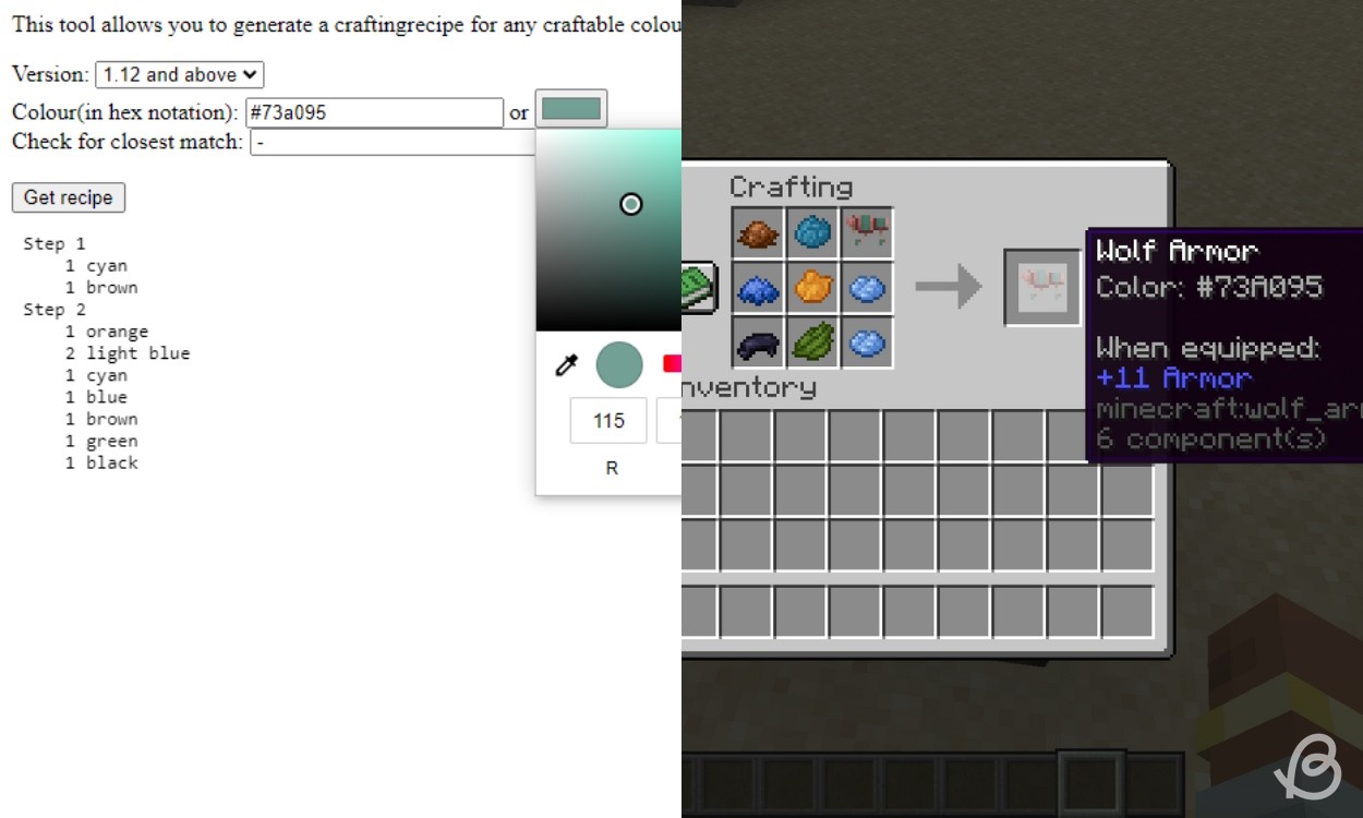 Người chơi tái tạo một màu trong Minecraft mà họ đã tìm thấy bằng cách sử dụng một công cụ trực tuyến