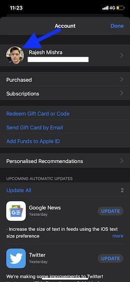 Nhấn vào ảnh đại diện của bạn trong App Store để truy cập cài đặt tài khoản