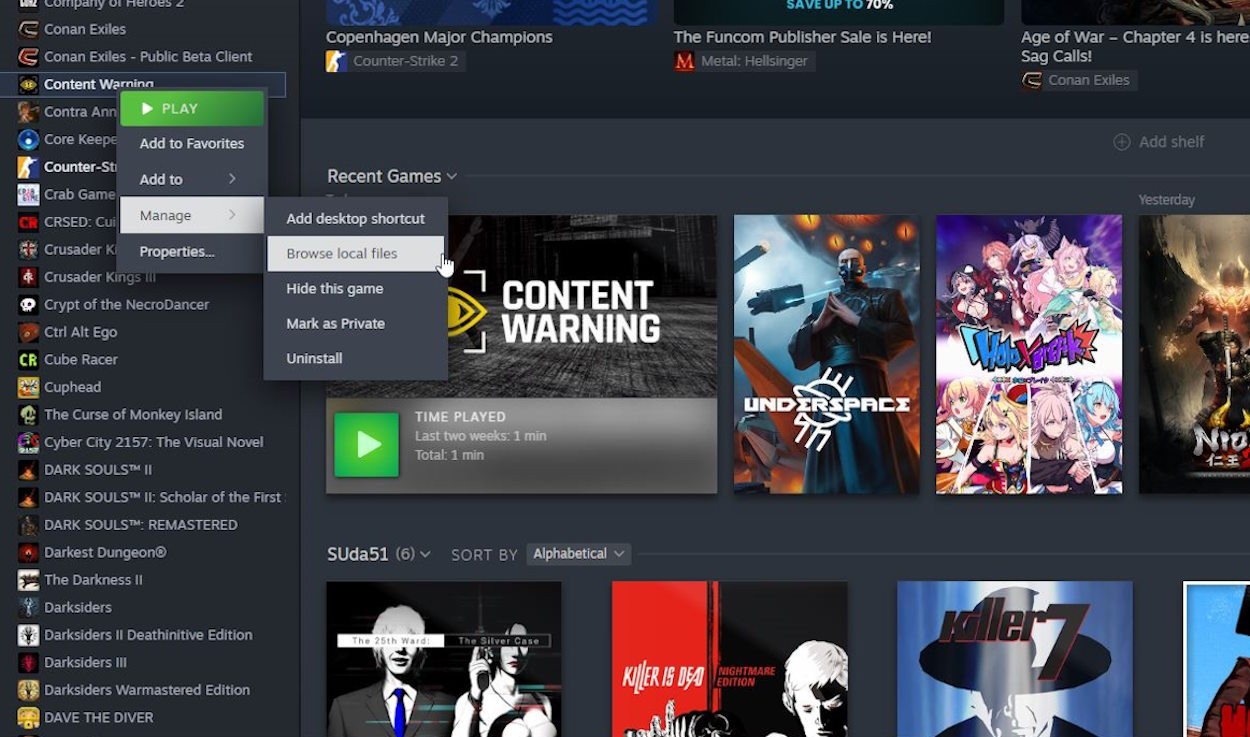 Nhấp chuột phải vào game Content Warning để mở file và sao lưu mọi thứ