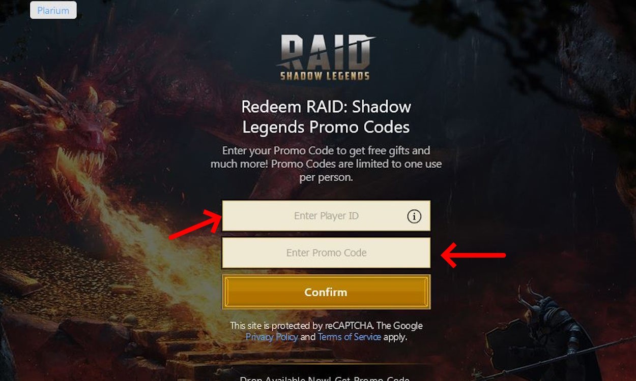 Nhập code ở ô thứ hai và ID người chơi ở ô đầu tiên để đổi code Raid Shadow Legends