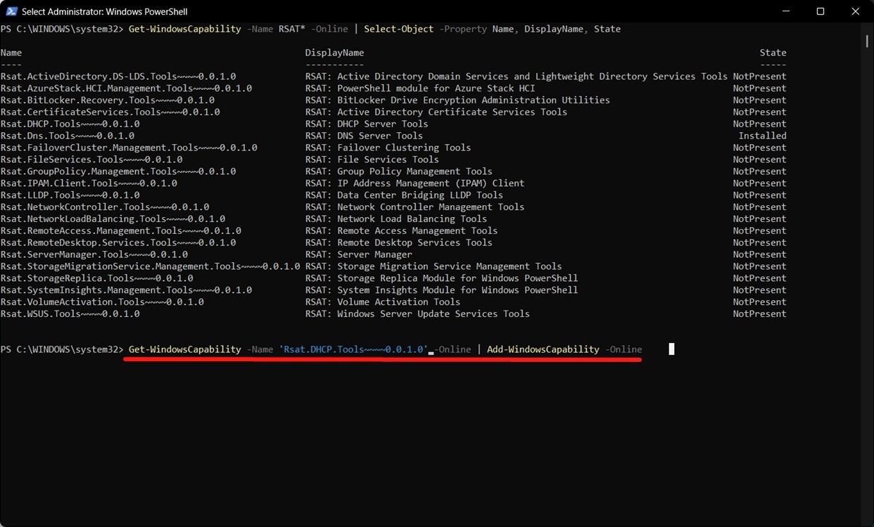 Nhập tên công cụ RSAT cần cài đặt vào lệnh PowerShell