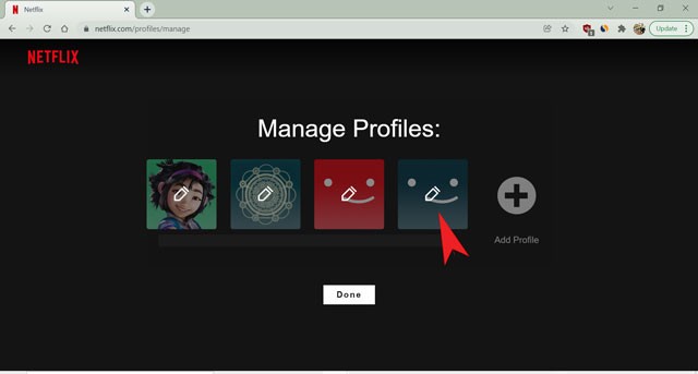Nhấp vào biểu tượng bút chì để chỉnh sửa hồ sơ Netflix