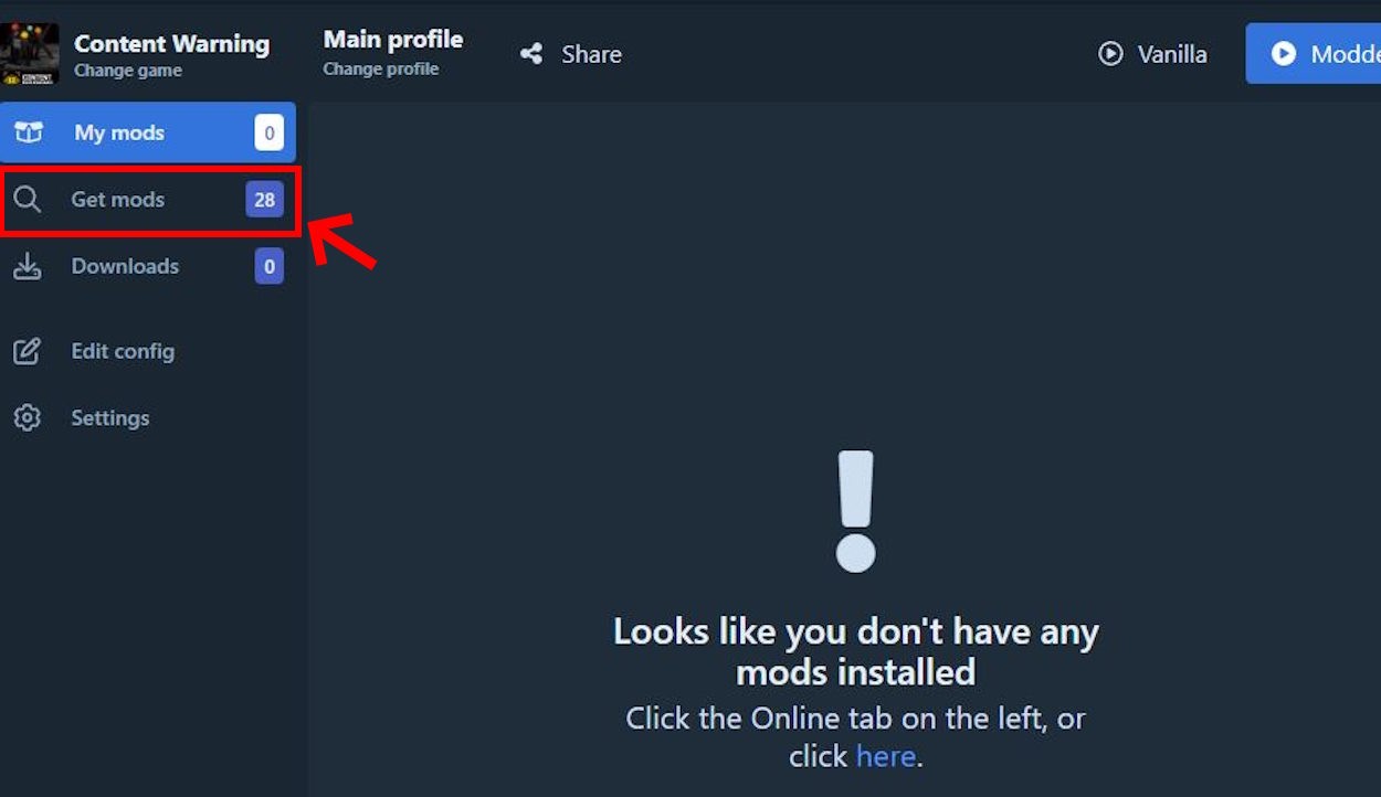 Nhấp vào get mods để bắt đầu tải xuống mod Content Warning