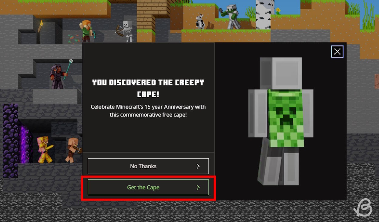 Nhấp vào nút Get the Cape để đến phần áo choàng Creeper