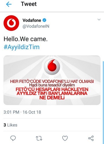 Nhóm Hack Thổ Nhĩ Kỳ Tấn Công Tài Khoản Twitter Của Vodafone Ấn Độ