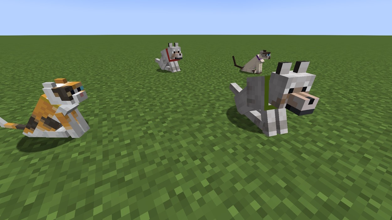 Những chú chó và mèo đã thuần hóa với vòng cổ nhiều màu sắc trong Minecraft