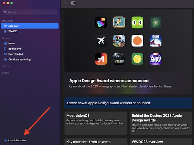 Nút Account trong ứng dụng Apple Developer