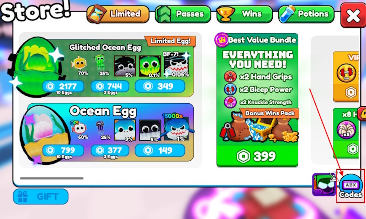 Nút Codes trong menu Store