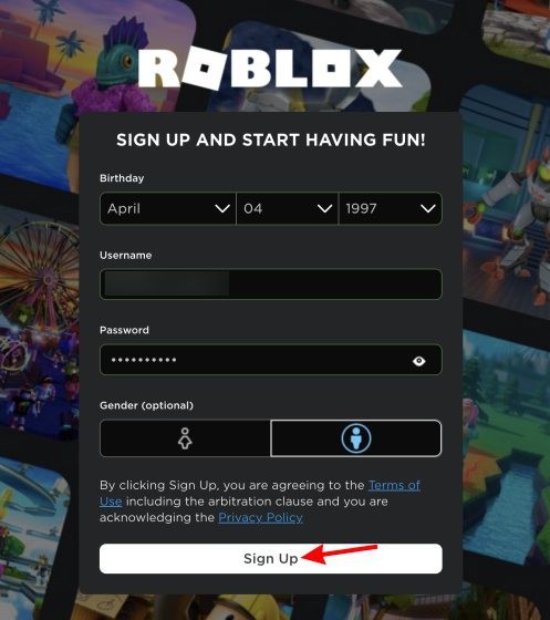 Nút đăng ký Roblox