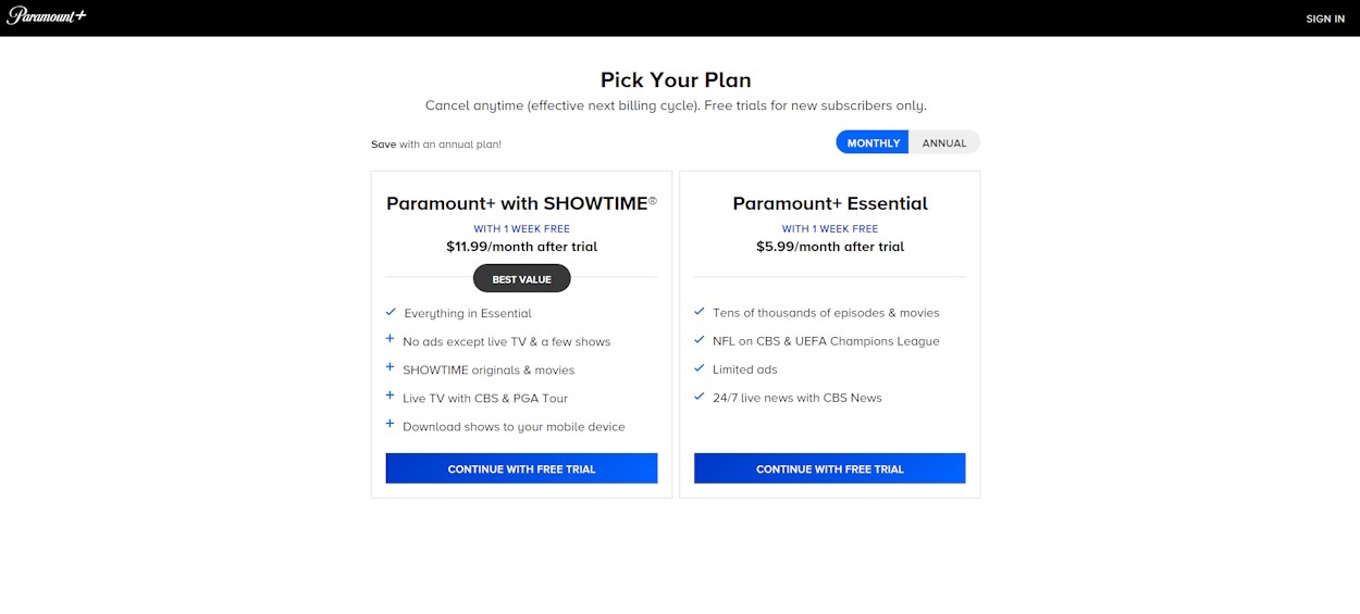 Nút Dùng Thử Miễn Phí trên trang web Paramount Plus