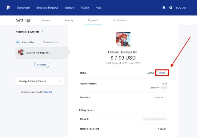 Nút Hủy để hủy kích hoạt đăng ký trên PayPal