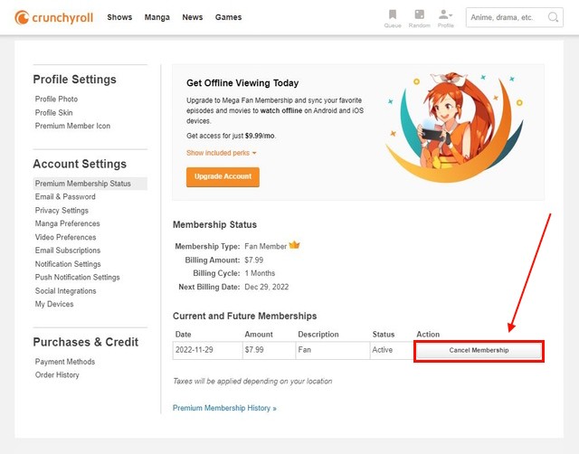 Nút hủy tư cách thành viên Crunchyroll