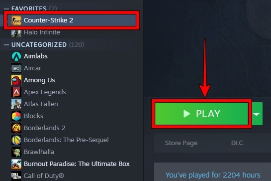 Nút Play trong thư viện Steam để khởi động Counter-Strike 2