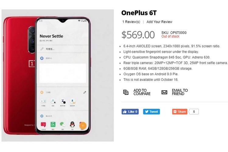 OnePlus 6T Được Mở Bán Trước Thời Hạn, Tiết Lộ Đầy Đủ Thông Số Kỹ Thuật và Giá Bán