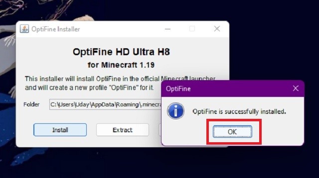 Optifine đã được cài đặt 1.19