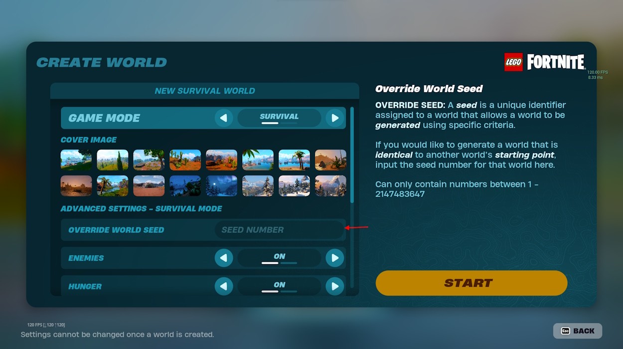 Override seed option in LEGO Fortnite
