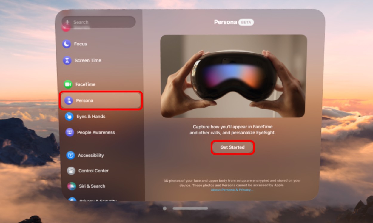 Persona trong phần Settings của Apple Vision Pro