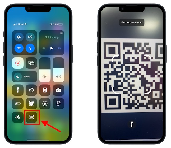 Phím tắt Trình đọc mã QR trong Trung tâm điều khiển trên iPhone