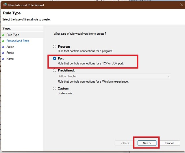 Port Rule selection for Firewall Exception