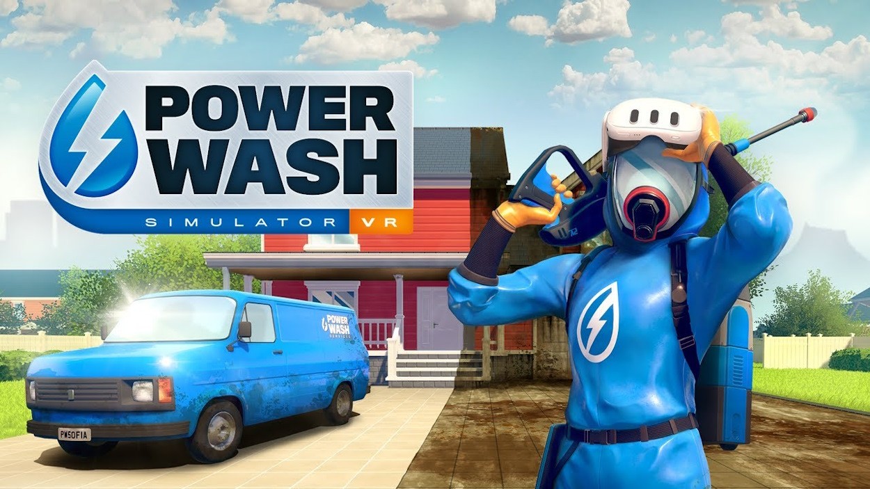 Powerwash Simulator VR: Powerwash Simulator VR, người chơi đang dùng súng phun áp lực để làm sạch một bức tượng bám đầy bụi bẩn, mang lại cảm giác thư giãn và thỏa mãn