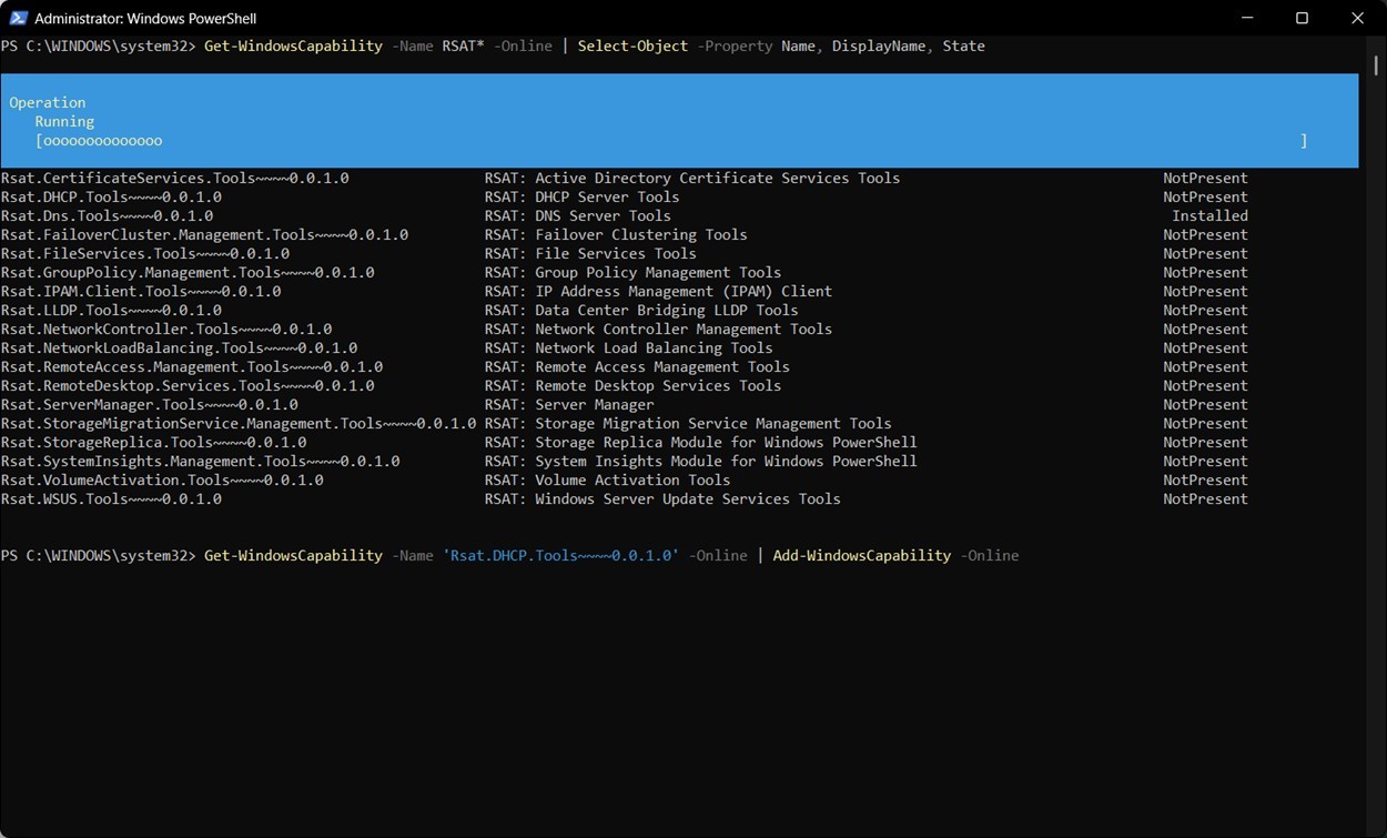 Quá trình cài đặt RSAT đang diễn ra thông qua PowerShell
