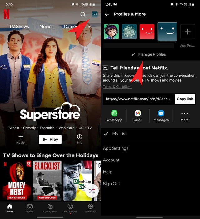 Quản lý hồ sơ Netflix trên ứng dụng di động