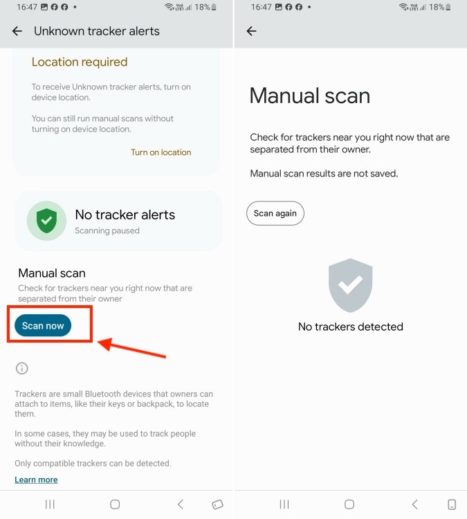 Quét các thiết bị theo dõi không xác định trên điện thoại Android