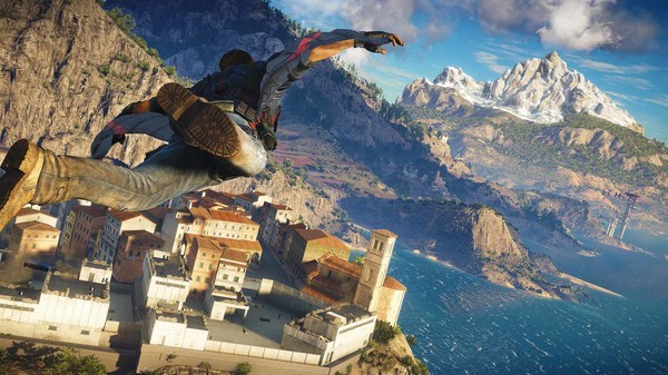 Rico Rodriguez sử dụng wingsuit và súng móc để di chuyển trong Just Cause 3