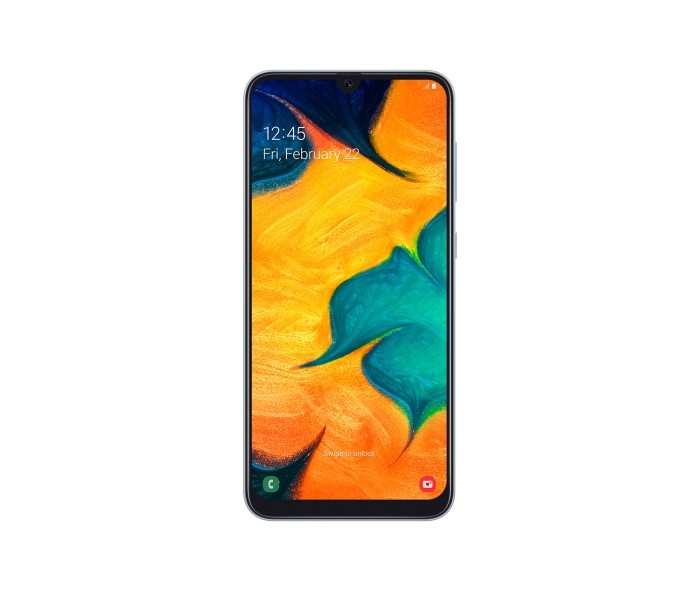 Samsung Galaxy A30 góc nhìn từ phía trước màu trắng