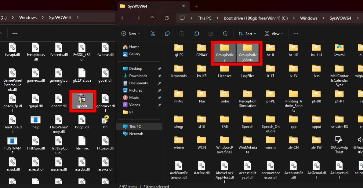 Sao chép gpedit.msc và các file khác từ thư mục Syswow64 sang thư mục System32 trong Windows 11 Home để sửa lỗi Group Policy Editor không hoạt động