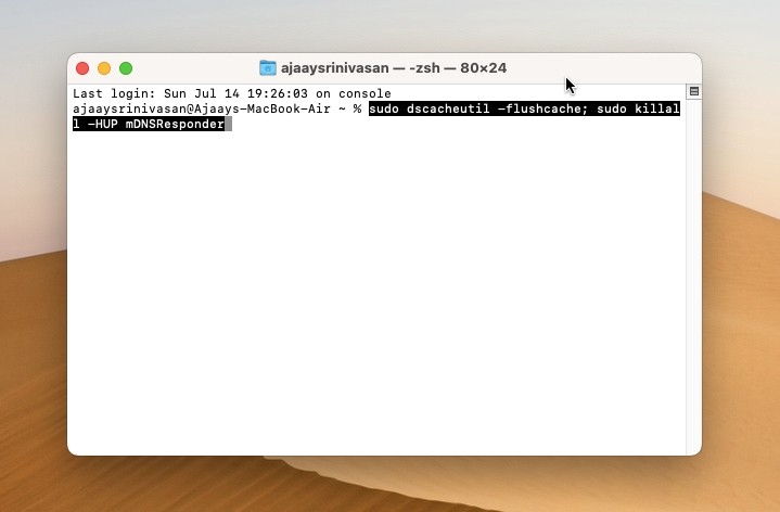 Sao chép và dán lệnh vào Terminal để xóa Bộ nhớ đệm DNS trên Mac