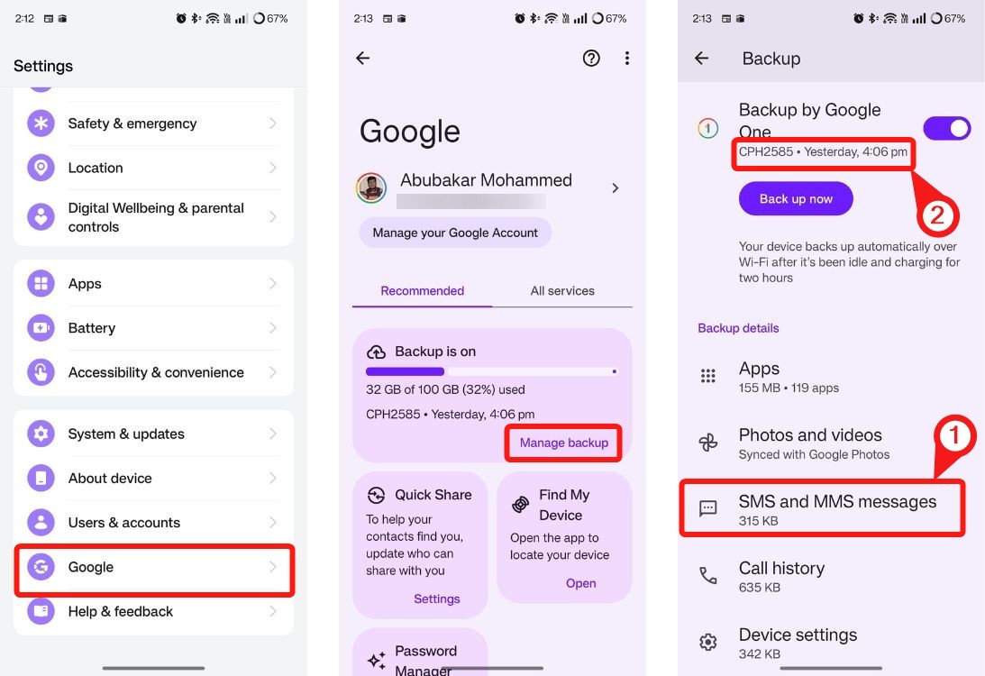 Sao lưu thiết bị Google - khôi phục tin nhắn đã xóa trên Android