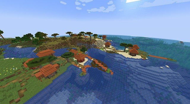 Savanna độc đáo trong Minecraft 1.18.1, một ngôi làng Savanna có đại dương ở 3 mặt và đồng bằng ở một mặt