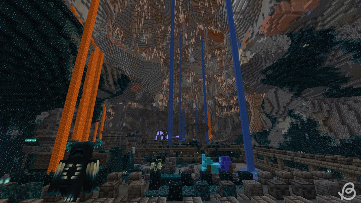 Seed Minecraft với một hang động đá nhỏ giọt mở rộng lớn với một thành phố cổ đại bên dưới